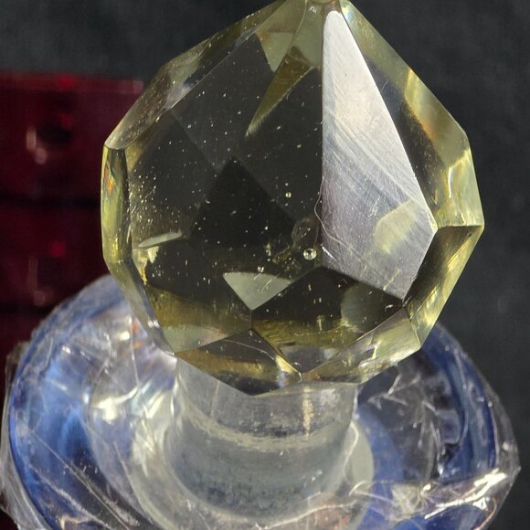 Vintage Blue Crackle Glass Decanter With Ornate Brass Detailing & Crystal Stoppe - Picture 1 of 8